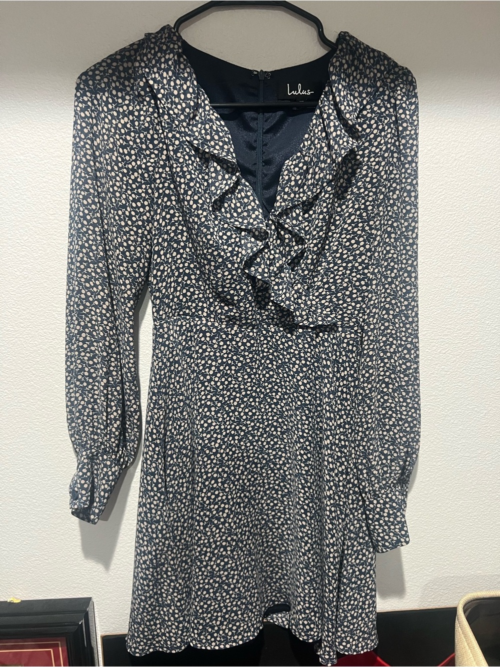 Lulu's Navy and White Floral Ruffle V-Neck Long-Sleeve Dress
